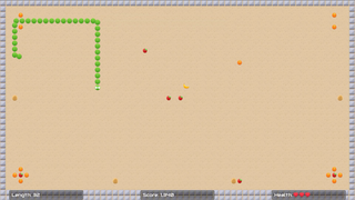 Video game screenshot showing a green snake that gets longer as it eats fruit