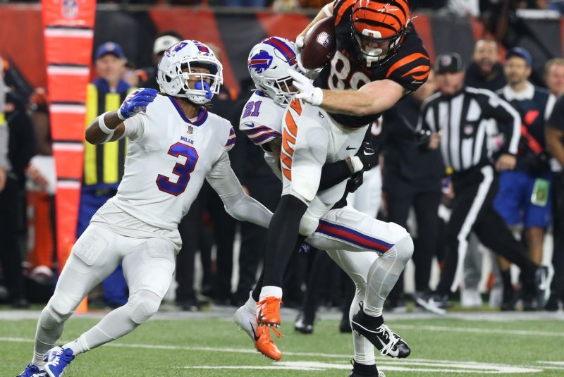 Buffalo Bills safety Damar Hamlin (3) continues to improve since his on-field cardiac arrest, but remains in critical condition at the University of Cincinnati Medical Center. File Photo by John Sommers II/UPI
