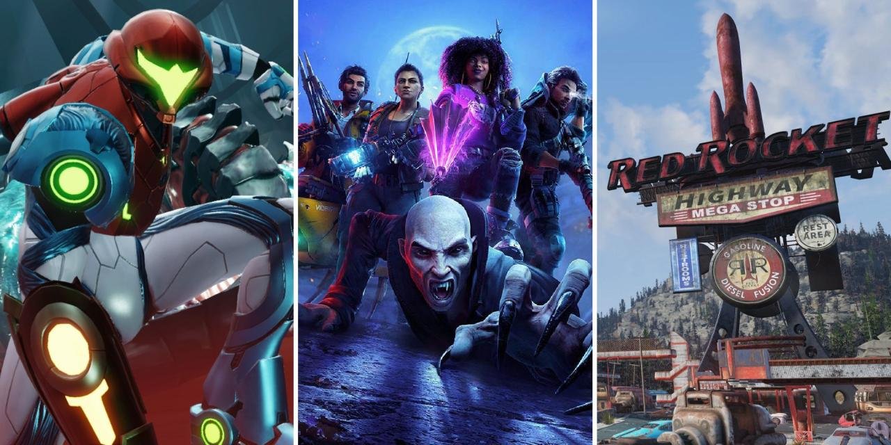 Samus Aran, characters from Redfall, a Red Rocket gas station from Fallout.