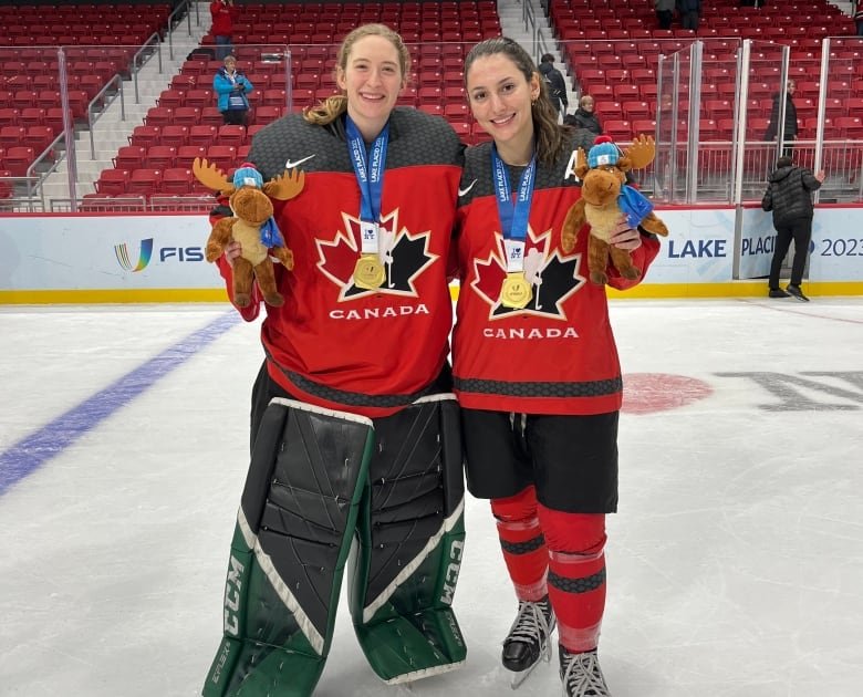 Two hockey players stand on the ice.